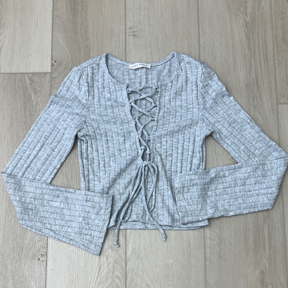 Honey Punch Gray Lace-Up Ribbed Blouse